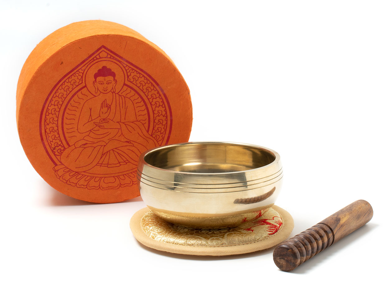 Klangschale in runder, orangefarbenen Geschenk-Box 'Buddha'