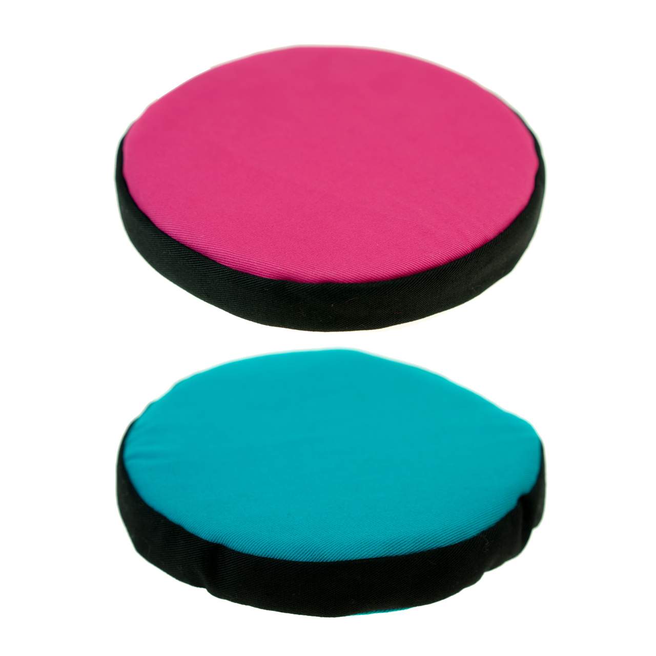 Übersicht rundes Kissen für Klangschale pink oder türkis mit schwarzer Borte Durchmesser 15 cm
