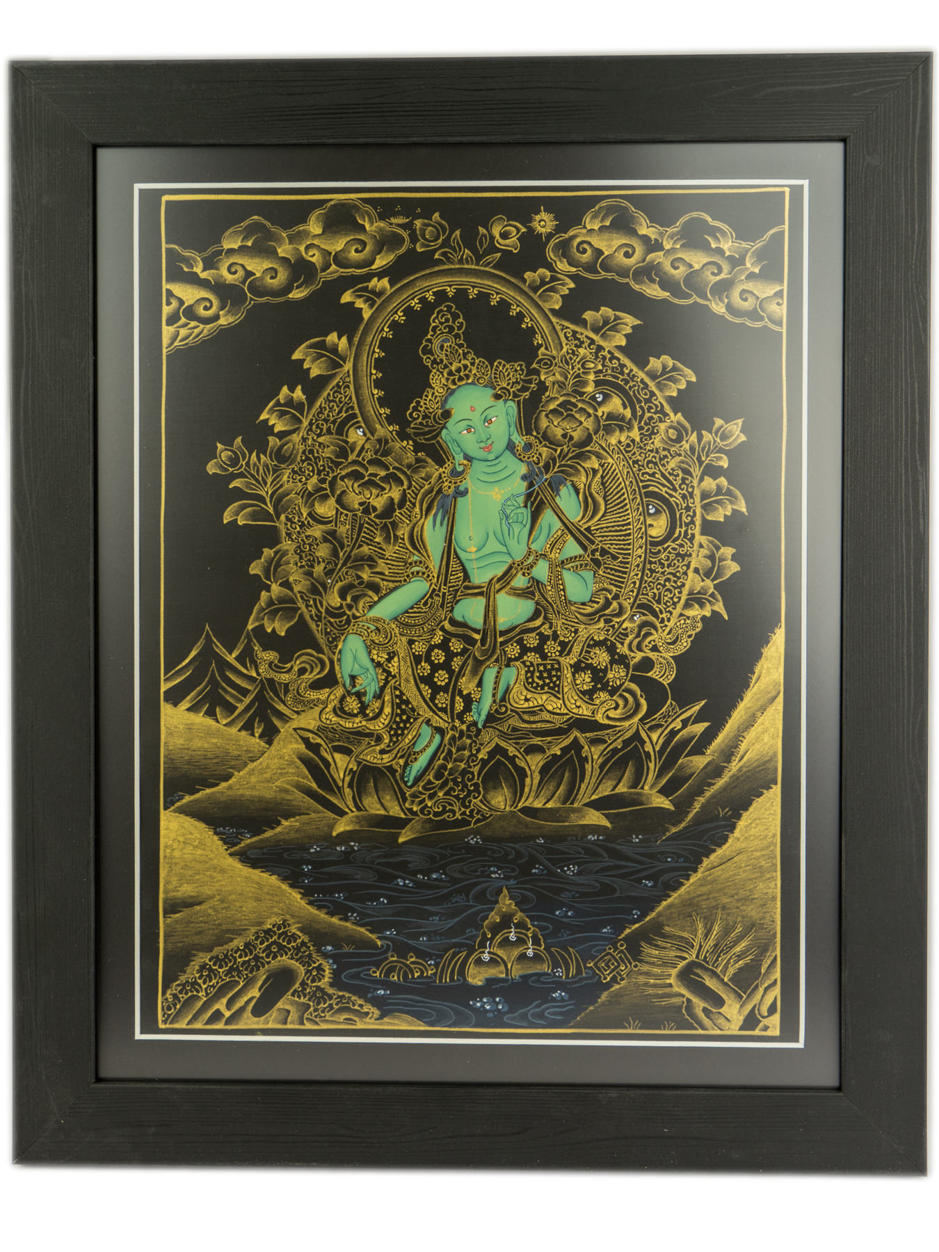 Handbemaltes Thangka 'Grüne Tara', schwarzer Rahmen
