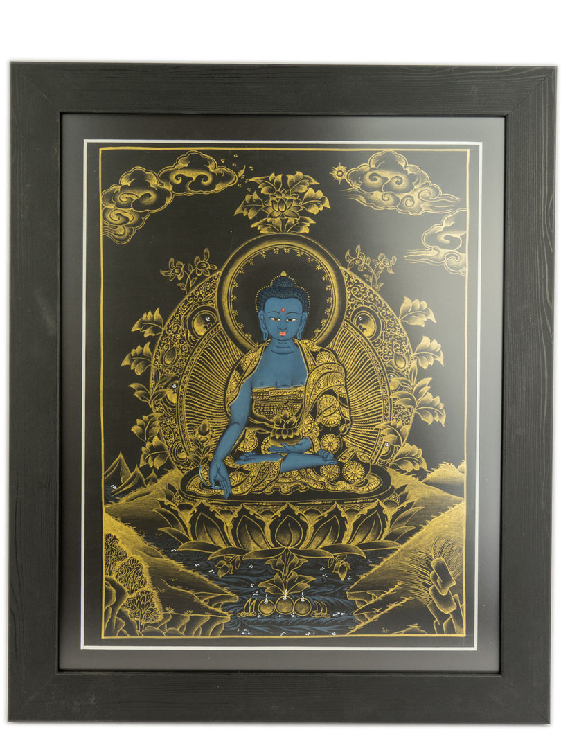 Handbemaltes Thangka 'Blauer Buddha' in schwarzem Rahmen