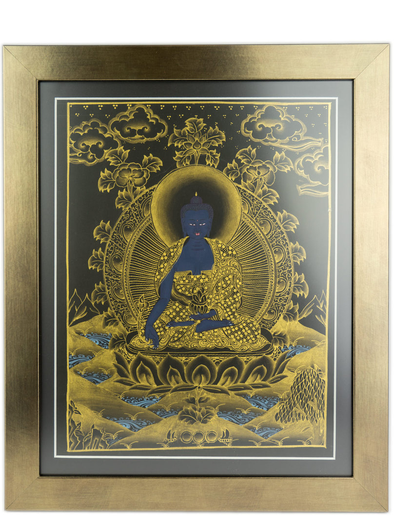 Handbemaltes Thangka 'Blauer Buddha' im Rahmen